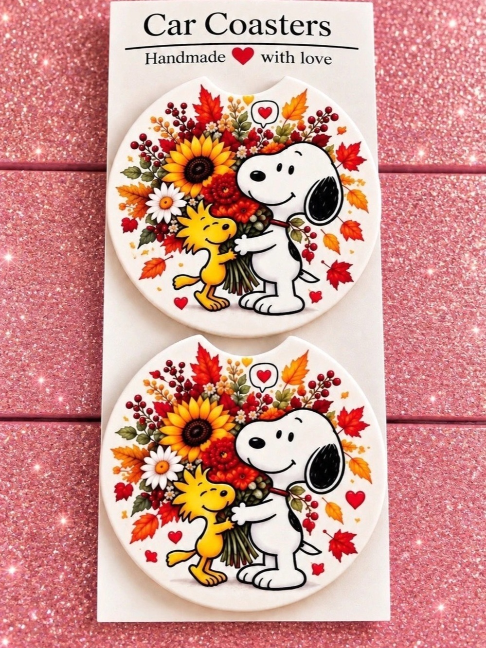 Peanuts Snoopy and Woodstock Fall Autumn Car Coasters Set of 2 Floral Car